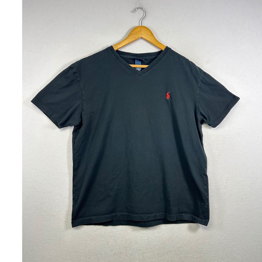 Polo Ralph Lauren V-Neck T-Shirt Men Medium Black Red Pony Logo Cotton Short Slv